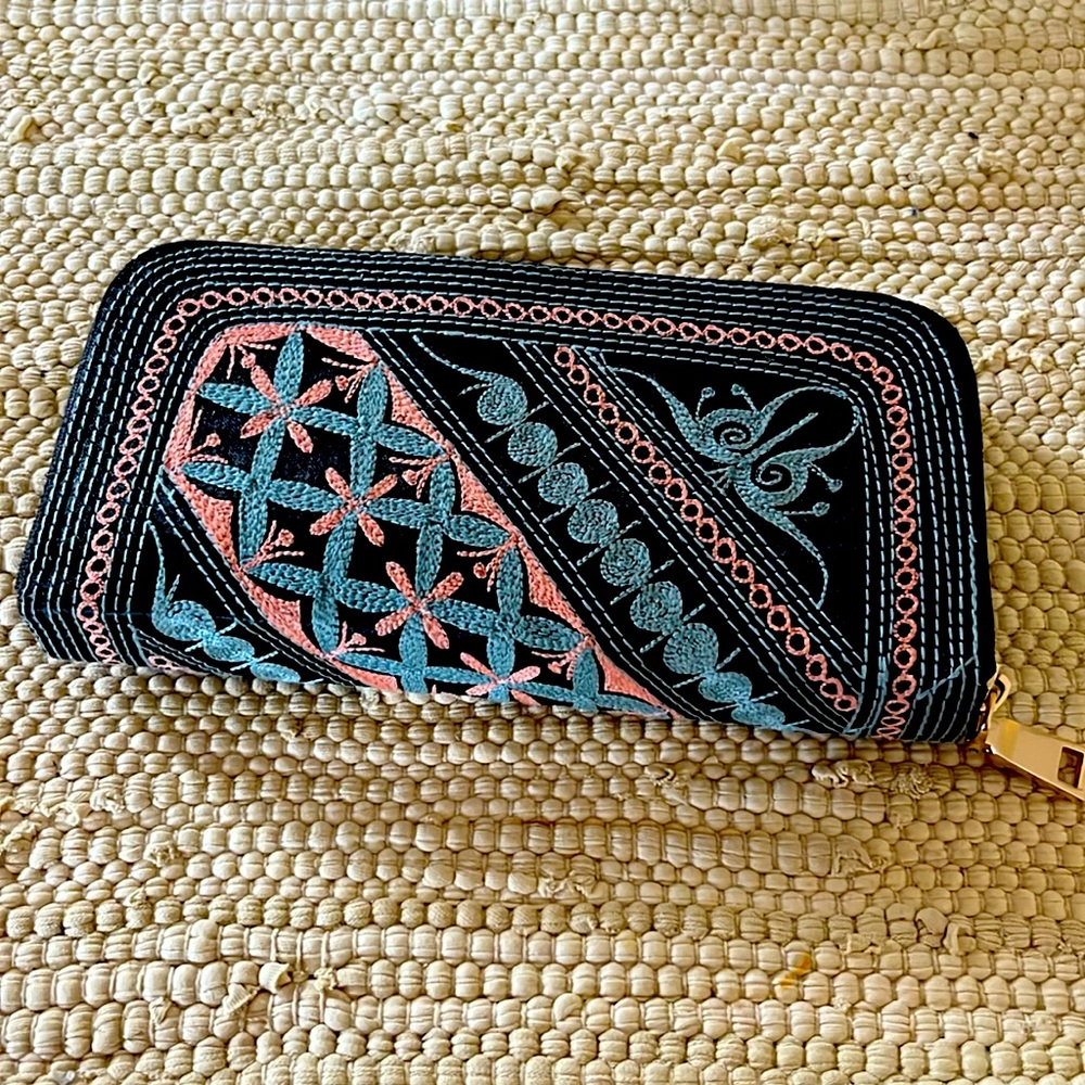 Embroidered Mint and Pink Long Wallet